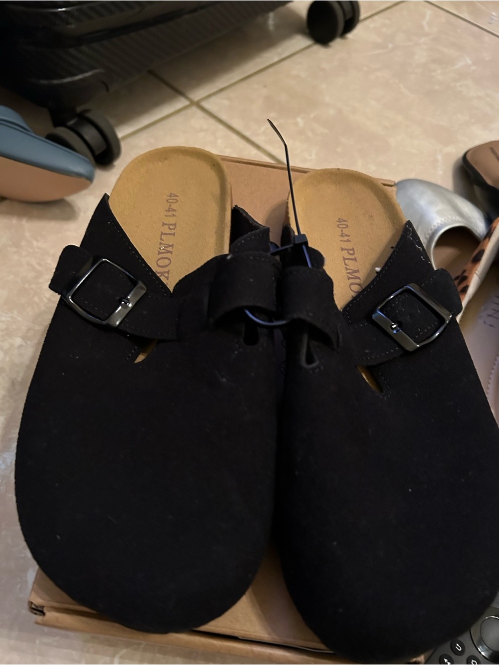 Black Suede Slip-On Clog with Buckle note:not brand name
